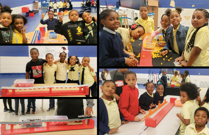 collage of students working to build a lego bridge out of bricks, students are looking at the camera and posing with bridges